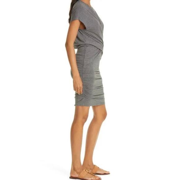 Frame NWT Shirred Muscle Dress Wrap Pull On Curve Hugging Mini Gray Size Large - Picture 2 of 11